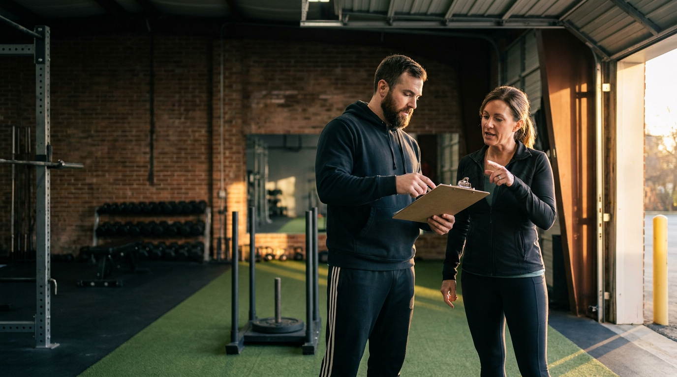 Personal trainer reviewing an individualized training plan with a client in the gym