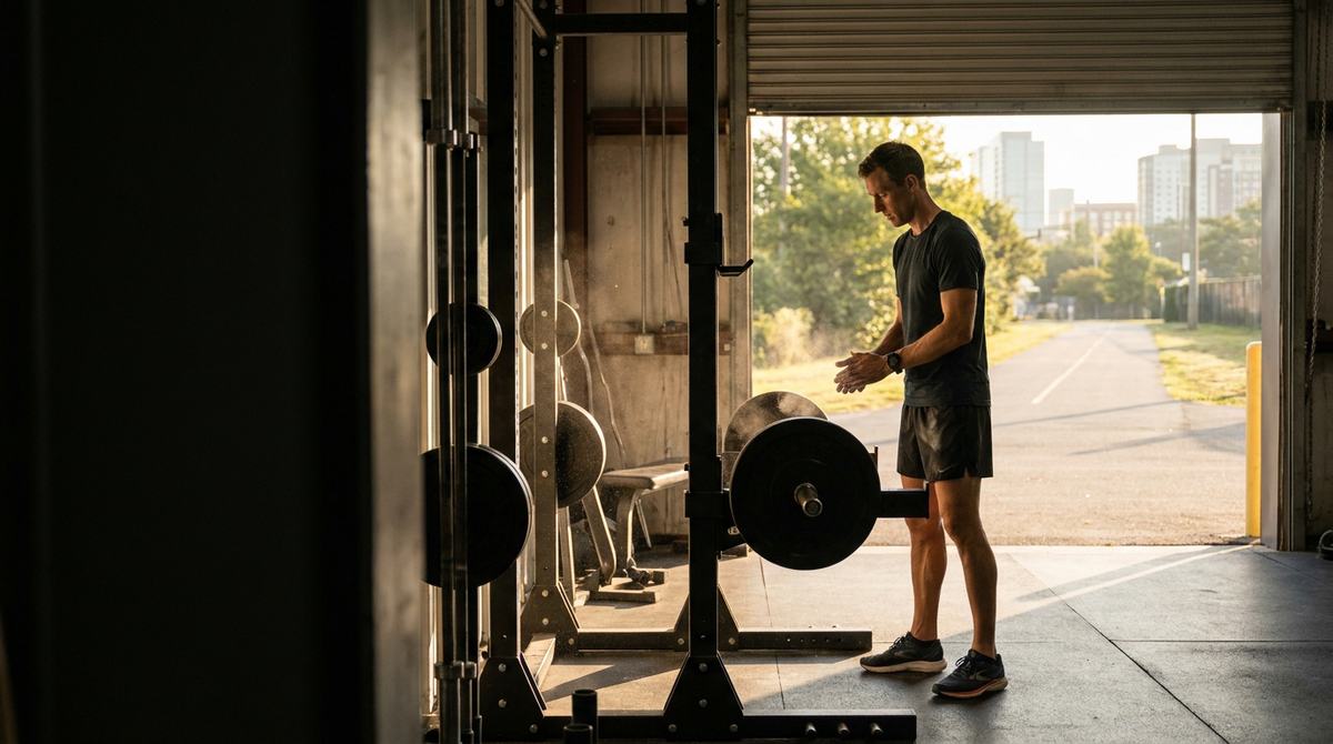 Hybrid athlete chalking his hands beside a squat rack with a running path outside the open gym door
