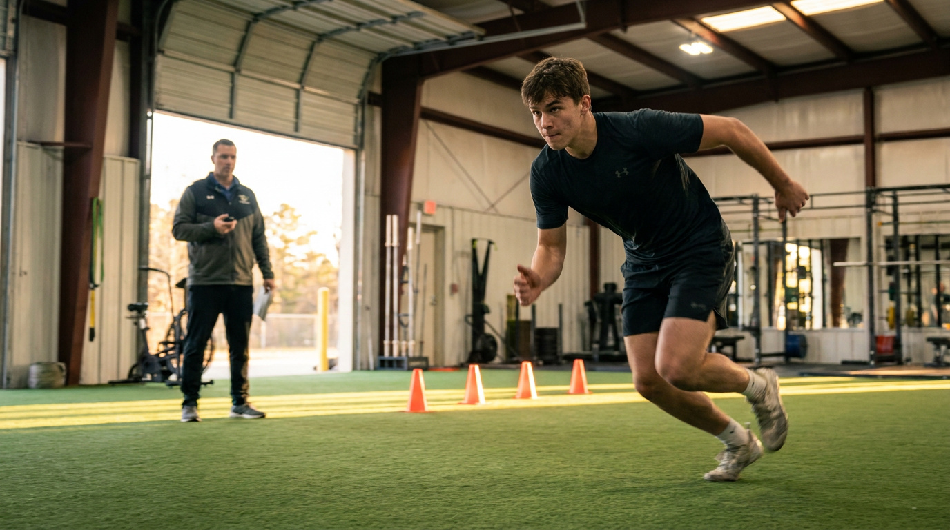 Young athlete exploding out of a sprint start during speed training