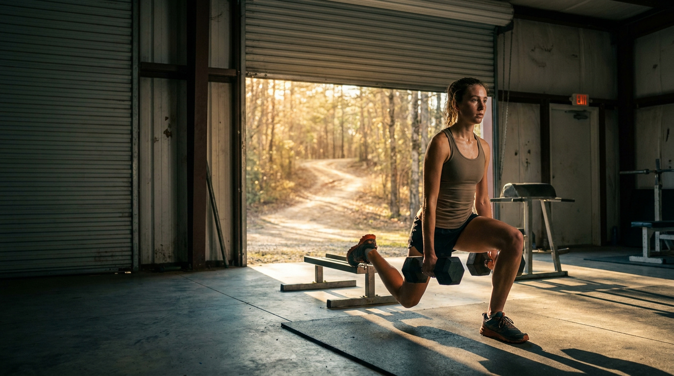 Cross country runner doing a split squat with dumbbells in a strength training gym