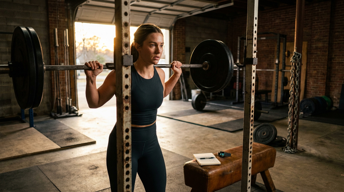 Female athlete setting up for a barbell back squat in a strength training gym