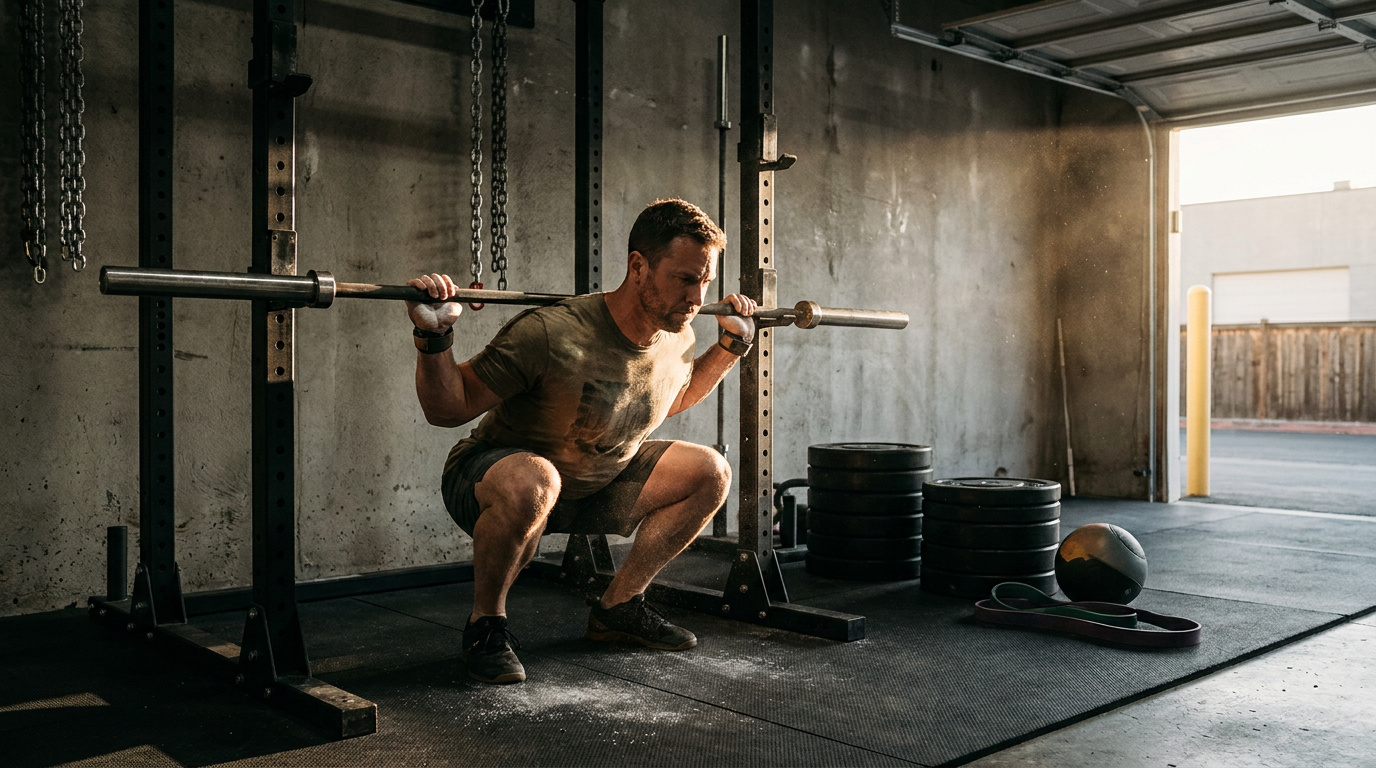 Lifter warming up with an empty barbell in a squat rack before heavy sets